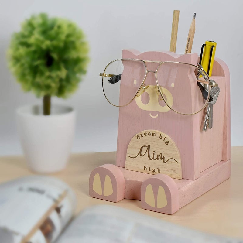 I'm Wood Multipurpose Eyeglass Phone Pen & Pig Pencil Holder Stand Stationery Desk Box Organizer Accessories Decor, Home Office Desktop Decoration Birthday Graduation Gifts â€œDream Big Aim Highâ€ (Piggy) - Image 4